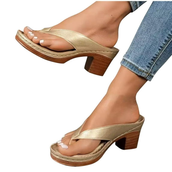 Xfvqtps Heel Sandals for Women Flip Flops Slide Block Chunky Heel Soft Sole Beach Summer Backless Pumps Rose Gold