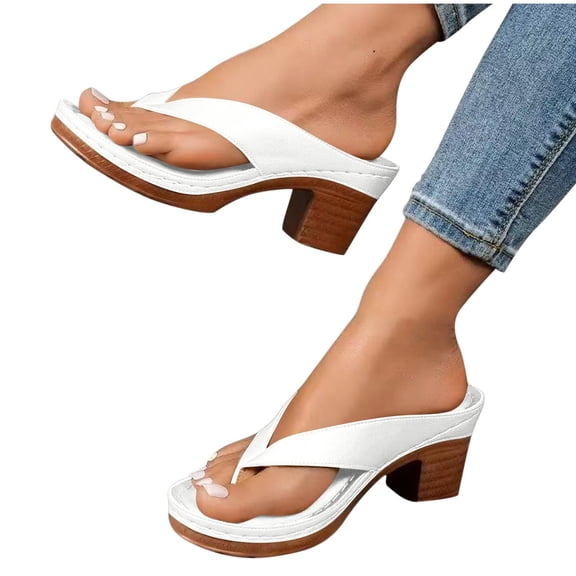 Xfvqtps Heel Sandals for Women Flip Flops Slide Block Chunky Heel Soft Sole Beach Summer Backless Pumps White