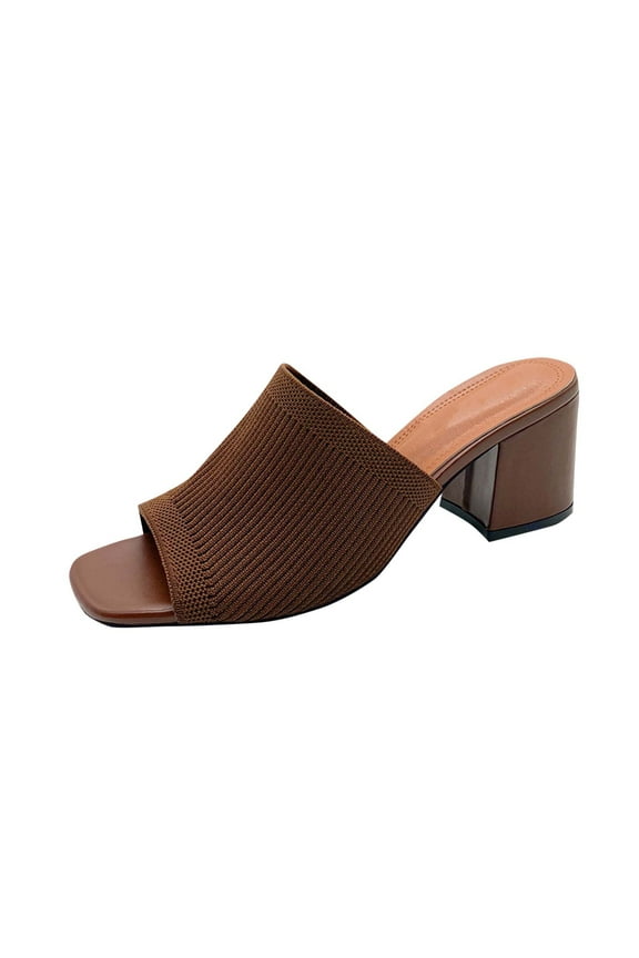 Heel Sandals for Womens Slide Sandals Block Chunky Heel Peep Toe Knit Shoe Upper Hollow out Slide Sandals Brown