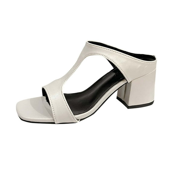 Xfvqtps Heel Sandals for Womens Slide Sandals Block Chunky Heel Peep Toe Side Cutout Leather Slide Sandals Beige
