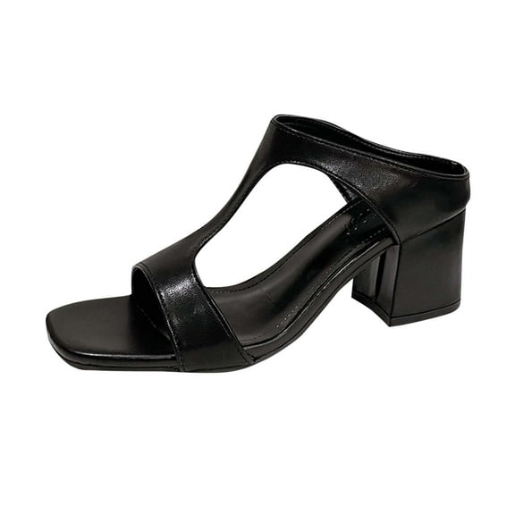 Xfvqtps Heel Sandals for Womens Slide Sandals Block Chunky Heel Peep Toe Side Cutout Leather Slide Sandals Black