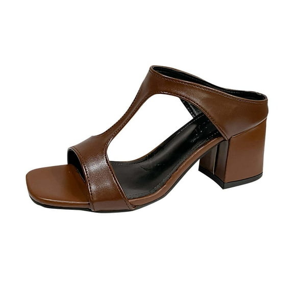 Xfvqtps Heel Sandals for Womens Slide Sandals Block Chunky Heel Peep Toe Side Cutout Leather Slide Sandals Brown
