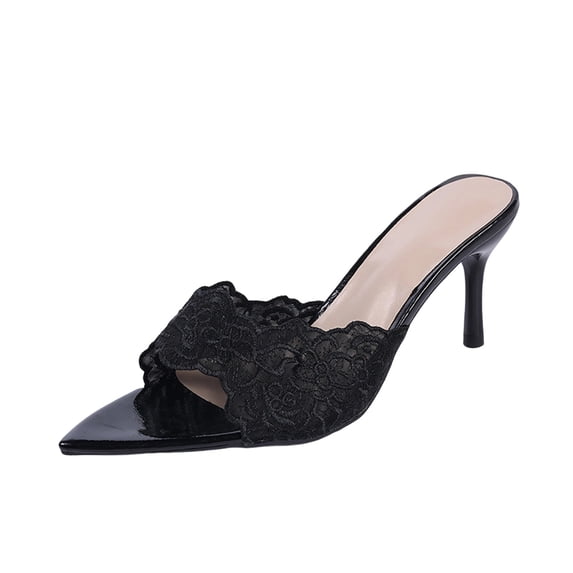 Xfvqtps Heeled Mules for Women Lace Embroidery Open Pointed Toe Slide Sandals Dressy Spring Summer Evening Party Pumps Shoes