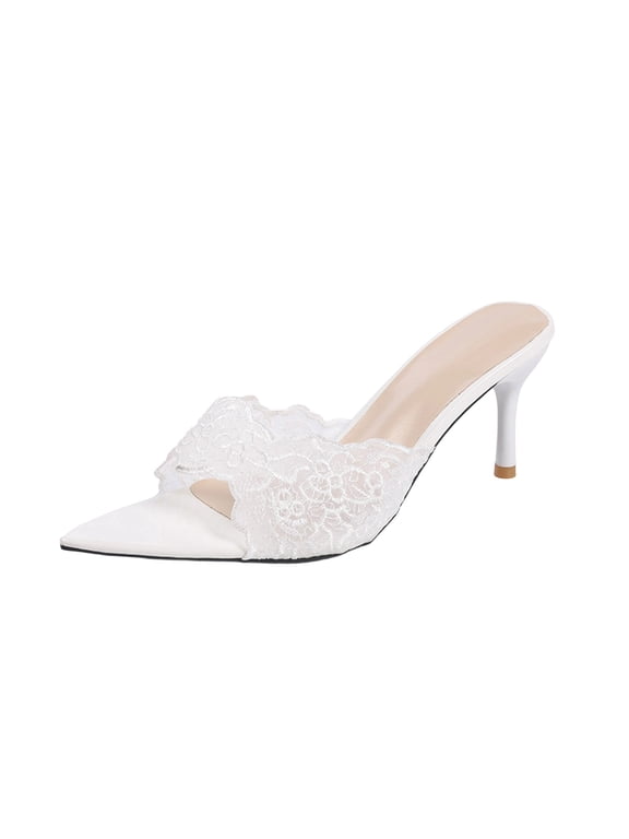 Heeled Mules for Women Lace Embroidery Open Pointed Toe Slide Sandals Dressy Spring Summer Evening Party Pumps Shoes