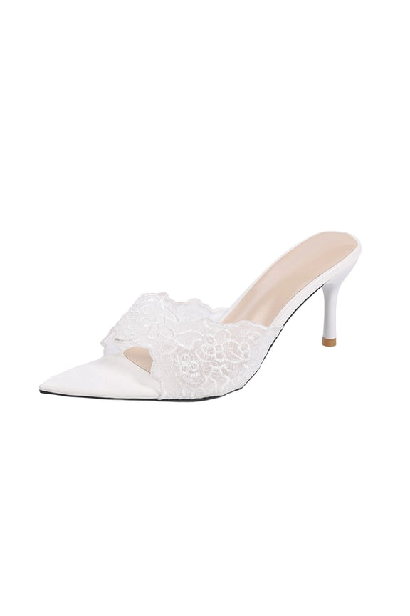 Heeled Mules for Women Lace Embroidery Open Pointed Toe Slide Sandals Dressy Spring Summer Evening Party Pumps Shoes