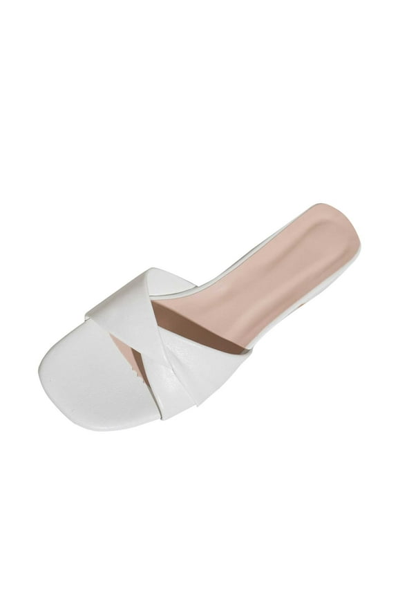 Heeled Mules for Womens Backless Open Square Toe Block Heeled Slides Mule Sandals Dress Shoes White