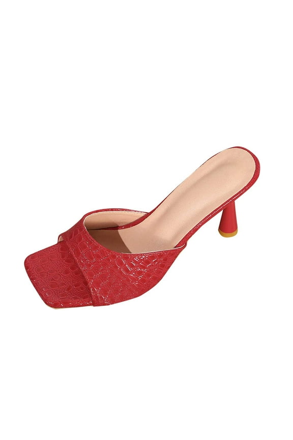 Heeled Mules for Womens Backless Open Square Toe Stiletto Heeled Slides Stone Embossing Mule Sandals Dress Shoes Red