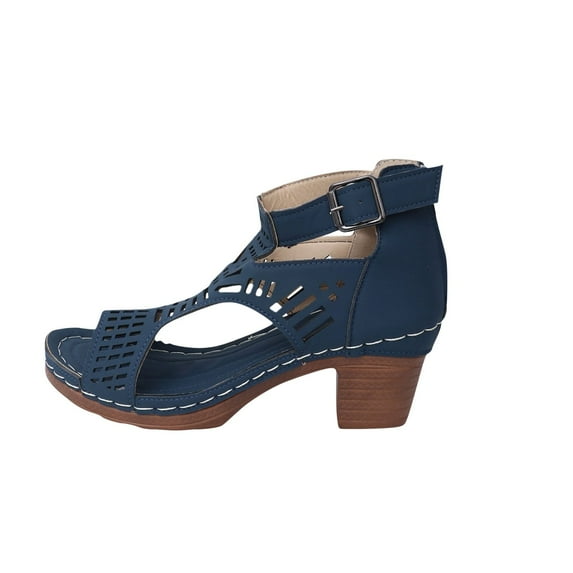 Xfvqtps Heeled Sandal for Womens Back Zipper Peep Toe Chunky Block Mid Heels Clog Hollow out Side Cutout Non Slip Breathable Dance Party Dressy Summer Sandals Dark Blue