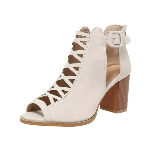 Xfvqtps Heeled Sandal for Womens Chunky Block Mid Heels Back Zipper Crisscross Strappy Peep Toe Buckle Decoration Non Slip Breathable Beach Dress Summer Gladiator Sandals White