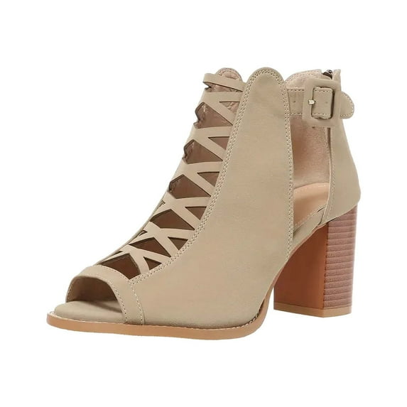 Xfvqtps Heeled Sandal for Womens Chunky Block Mid Heels Back Zipper Crisscross Strappy Peep Toe Buckle Decoration Non Slip Breathable Beach Dress Summer Gladiator Sandals Khaki
