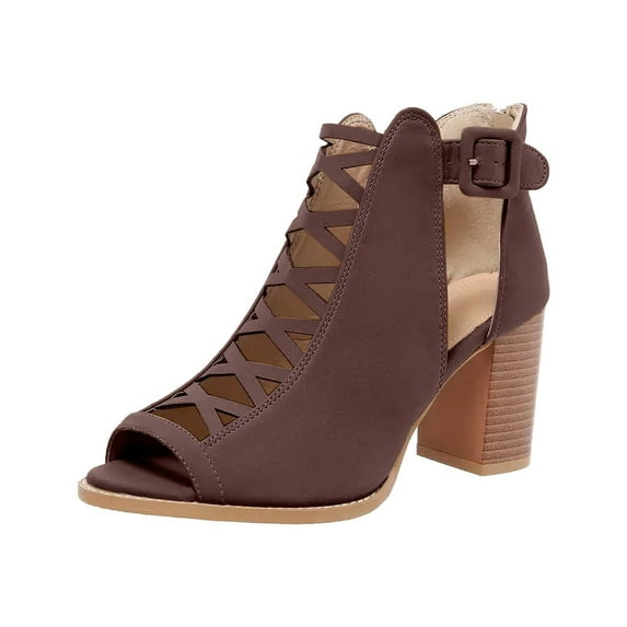Xfvqtps Heeled Sandal for Womens Chunky Block Mid Heels Back Zipper Crisscross Strappy Peep Toe Buckle Decoration Non Slip Breathable Beach Dress Summer Gladiator Sandals Coffee