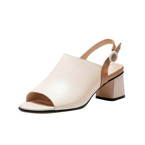 Xfvqtps Heeled Sandal for Womens Slingback Chunky Block Mid Heels Peep Toe Adjustable Buckle Strap Leather Non Slip Breathable Dance Party Dressy Summer Sandals White