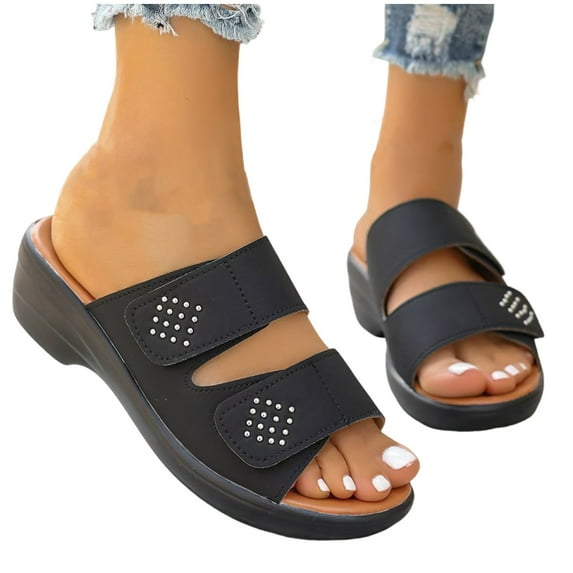 Xfvqtps Heeled Sandals for Women Slide Chunky Block Heel Double Straps Rhinestone Soft Sole Non Slip Comfortable Breathable Walking Beach Summer Sandals Black