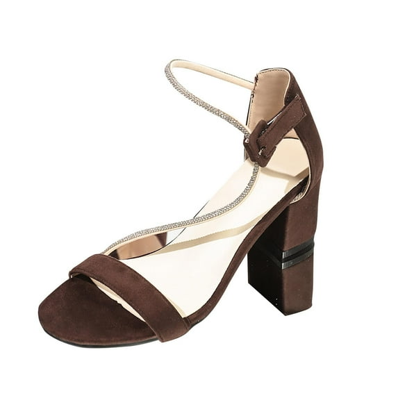 Xfvqtps Heeled Sandals for Women Ankle Buckle Rhinestone Strappy Block Chunky Heel Open Toe Casual Wedding Pumps Coffee