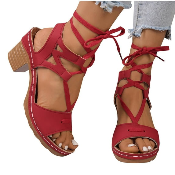 Xfvqtps Heeled Sandals for Women Block Chunky Heel Lace up Peep Toe Casual Sandals Red