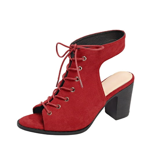 Xfvqtps Heeled Sandals for Women Block Chunky Heel Slingback Lace up Peep Toe Dressy Booties Red