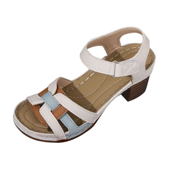 Xfvqtps Heeled Sandals for Women Block Heel Mid Heel Ankle Buckle Strap Color Block Straps Leather Open Toe Summer Sandals White