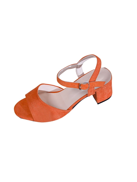 Heeled Sandals for Women Block Heel Mid Heel Ankle Buckle Strap Suede Peep Toe Summer Pumps Orange