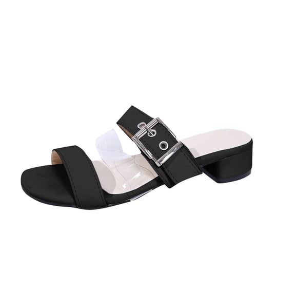 Xfvqtps Heeled Sandals for Women Block Heel Slide Sandals Open Square Toe Clear Strap Buckle Decor Summer High Heel Sandals Black