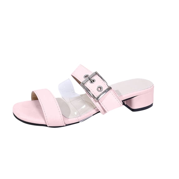 Xfvqtps Heeled Sandals for Women Block Heel Slide Sandals Open Square Toe Clear Strap Buckle Decor Summer High Heel Sandals Pink