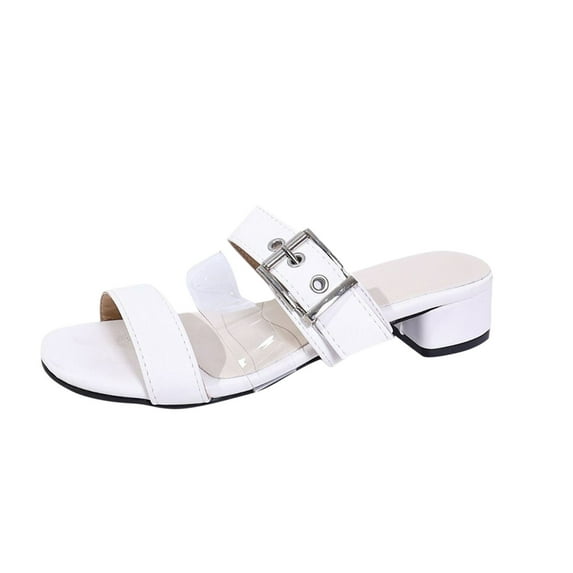 Xfvqtps Heeled Sandals for Women Block Heel Slide Sandals Open Square Toe Clear Strap Buckle Decor Summer High Heel Sandals White