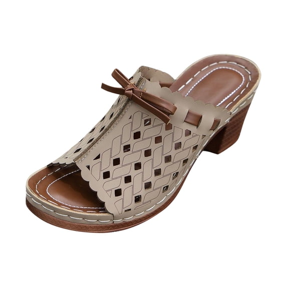 Xfvqtps Heeled Sandals for Women Block Heel Slide Sandals Peep Toe Hollow out Bow Summer High Heel Sandals Khaki