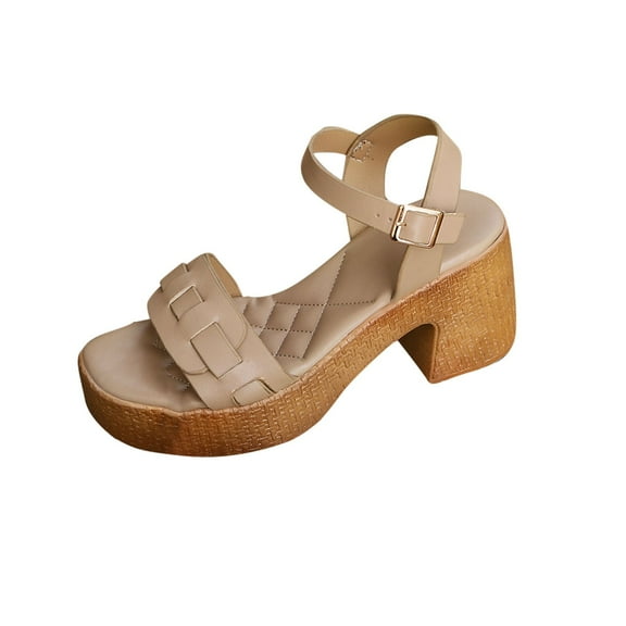 Xfvqtps Heeled Sandals for Women Chunky Block Heel Platform Open Toe Adjustable Buckle Strap Summer Sandals Khaki