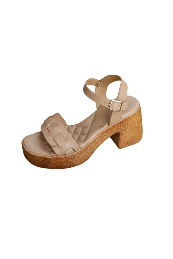 Heeled Sandals for Women Chunky Block Heel Flatform Open Toe Adjustable Buckle Strap Summer Sandals Khaki