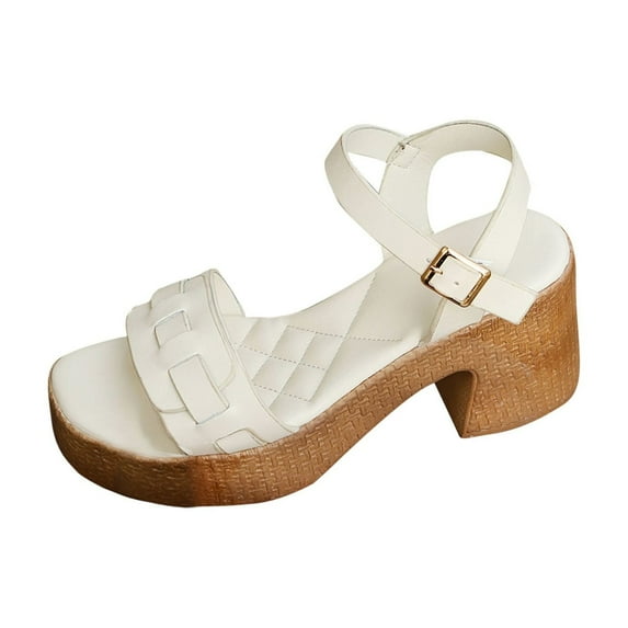 Xfvqtps Heeled Sandals for Women Chunky Block Heel Flatform Open Toe Adjustable Buckle Strap Summer Sandals White