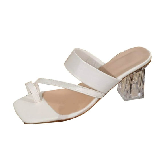 Xfvqtps Heeled Sandals for Women Clear Transparent Heel Toe Ring Square Toe Straps Slide Crystal Heels White