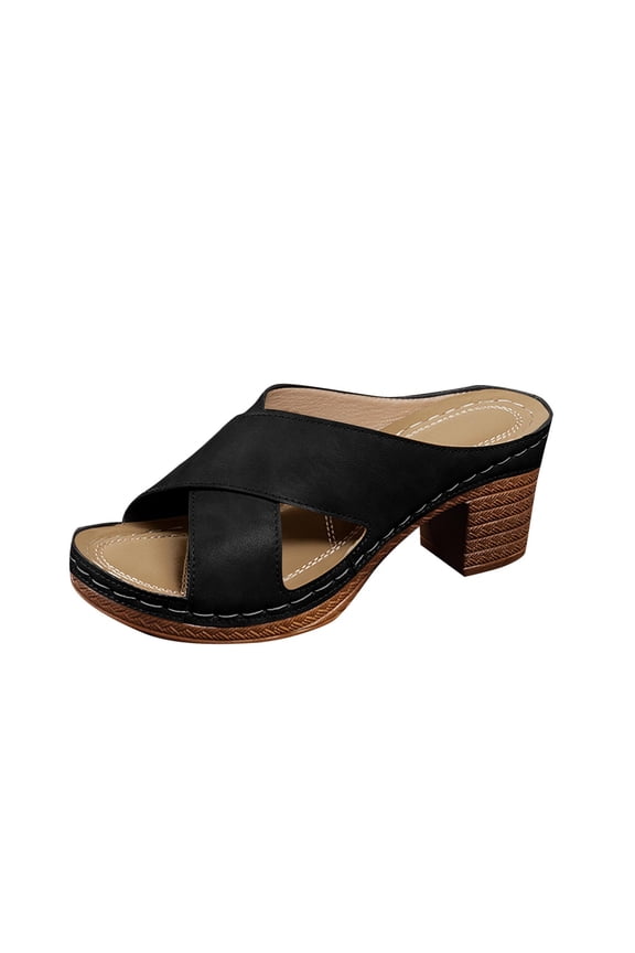 Heeled Sandals for Women Cross Strap Chunky Heel Open Toe Casual Slide Sandals Black
