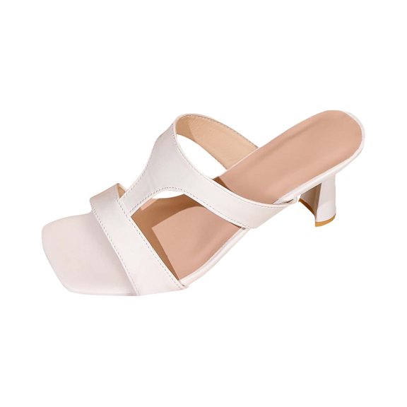 Xfvqtps Heeled Sandals for Women Kitten Heel Open Square Toe Side Cutout Summer Mules Slide Sandals White