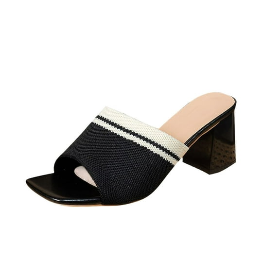 Xfvqtps Heeled Sandals for Women Knit Slide Block Mid Heel Open Square Toe Color Block Summer Pumps Black