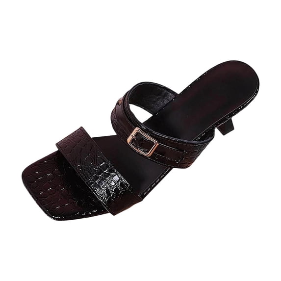 Xfvqtps Heeled Sandals for Women Open Square Toe Kitten Heel Slide Double Straps Buckle Decor Dressy Casual Summer Pumps Shoes