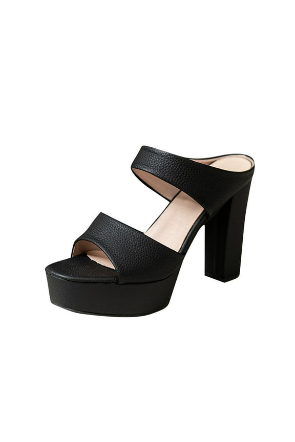 Heeled Sandals for Women Flatform Slide Chunky Heel Double Straps Leather Slide Sandals Black
