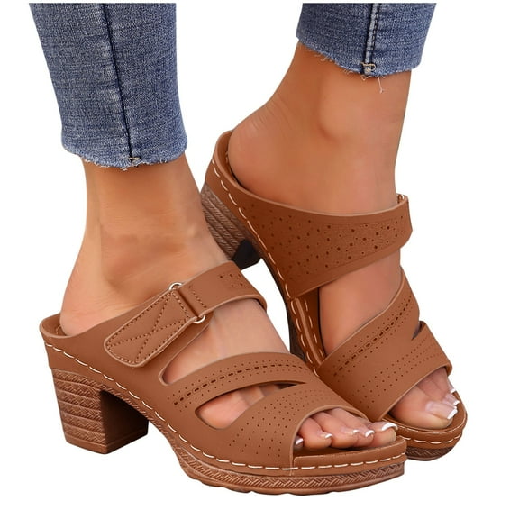 Xfvqtps Heeled Sandals for Women Slide Block Chunky Heel Buckle Straps Hollow out Breathable Beach Summer Slide Sandals Brown