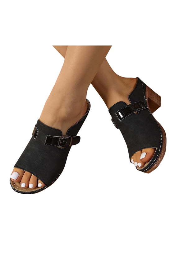Heeled Sandals for Women Slide Buckle Decor Suede Arch Support Retro Soft Sole Non Slip Summer Sandals Black