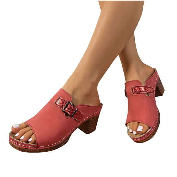 Xfvqtps Heeled Sandals for Women Slide Buckle Decor Suede Arch Support Retro Soft Sole Non Slip Summer Sandals Brown