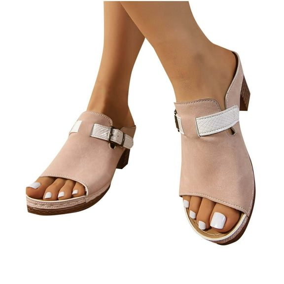 Xfvqtps Heeled Sandals for Women Slide Buckle Decor Suede Arch Support Retro Soft Sole Non Slip Summer Sandals Pink