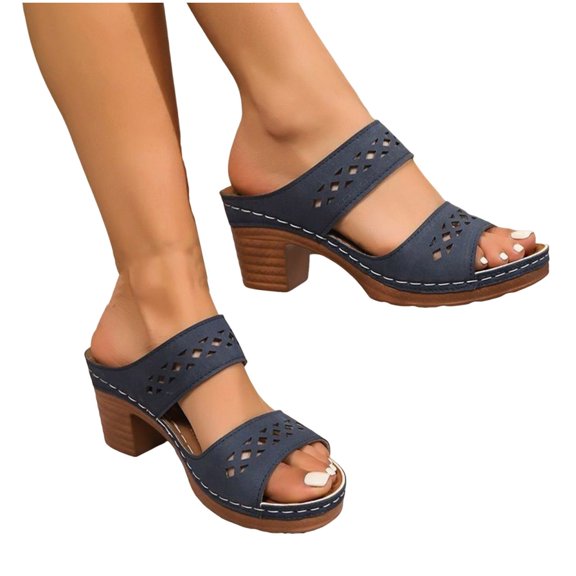 Xfvqtps Heeled Sandals for Women Slide Chunky Heel Double Straps Hollow out Breathable Open Toe Beach Summer Sandals Blue