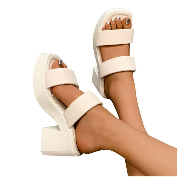 Xfvqtps Heeled Sandals for Women Slide Chunky High Heel Double Straps Solid Color Open Square Toe Beach Summer Sandals Beige