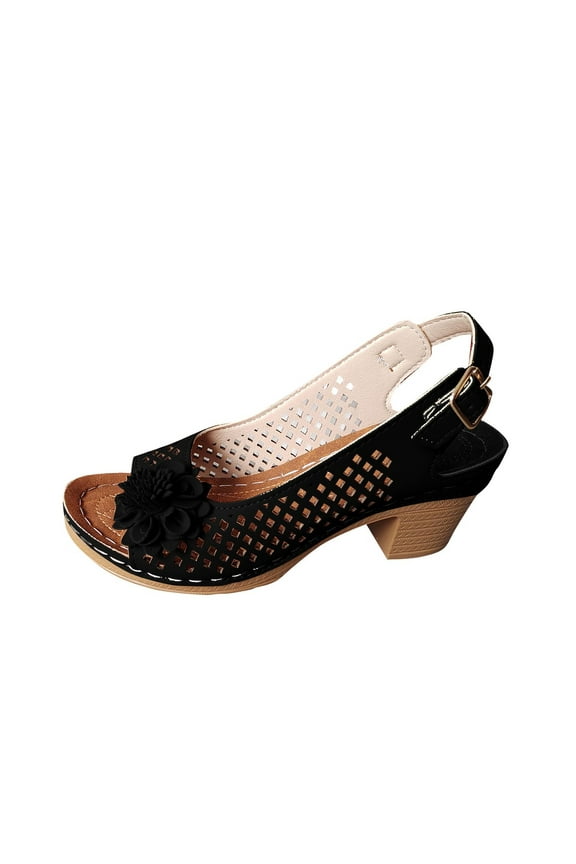 Heeled Sandals for Women Slingback Buckle Strap Block Chunky Heel Flower Decor Hollow out Peep Toe Casual Sandals Black