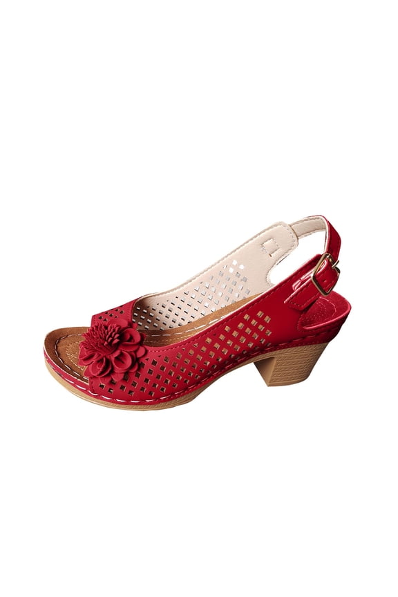Heeled Sandals for Women Slingback Buckle Strap Block Chunky Heel Flower Decor Hollow out Peep Toe Casual Sandals Red