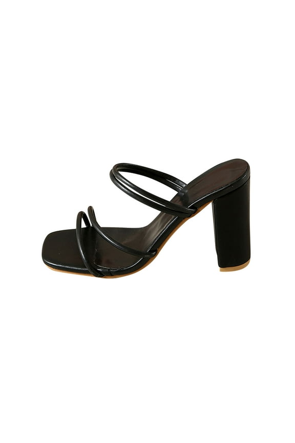 Heeled Sandals for Women Strappy Slide Chunky High Heel Open Square Toe Solid Color Summer Pumps Black