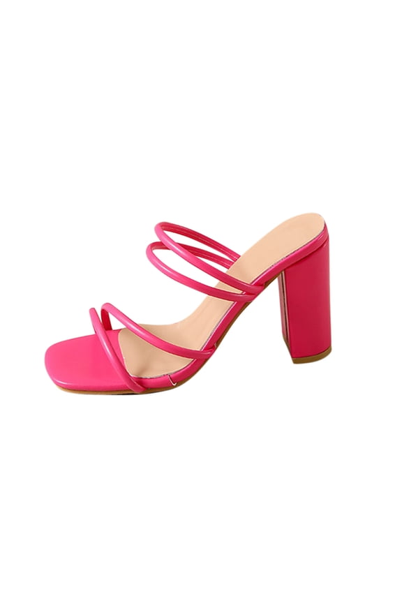 Heeled Sandals for Women Strappy Slide Chunky High Heel Open Square Toe Solid Color Summer Pumps Hot Pink