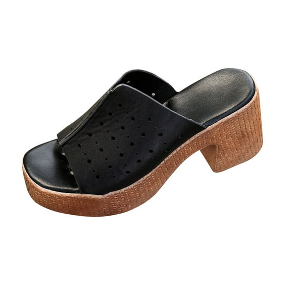 Xfvqtps Heeled Sandals for Womens Block Mid Heel Flatform Peep Toe Hollow out Leather Pumps Black