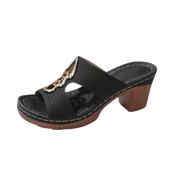 Xfvqtps Heeled Sandals for Womens Slide Block Chunky Heel Metal Decor Hollow out Side Cutout Open Toe Beach Summer Slide Sandals