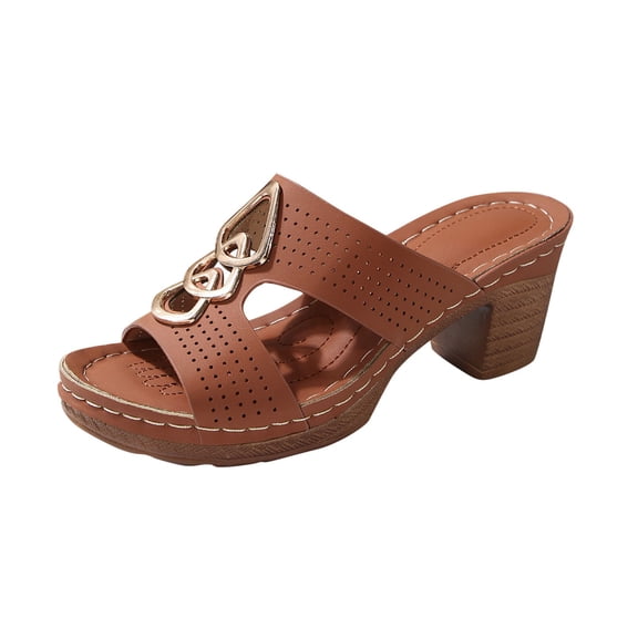Xfvqtps Heeled Sandals for Womens Slide Block Chunky Heel Metal Decor Hollow out Side Cutout Open Toe Beach Summer Slide Sandals Brown