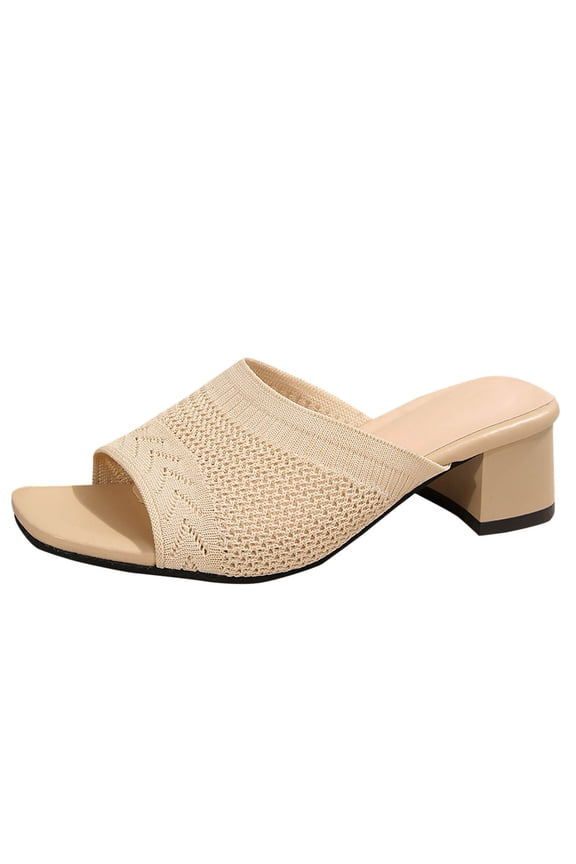 Heels for Women Knit Solid Color Slip on Breathable Block Heel Spring Summer Casual Comfortable Outdoor Shoes