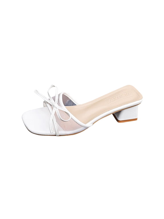 Heels for Women Mesh Bow Slip on Square Toe Block Heel Casual Comfortable Spring Summer Indoor Outdoor Shoes